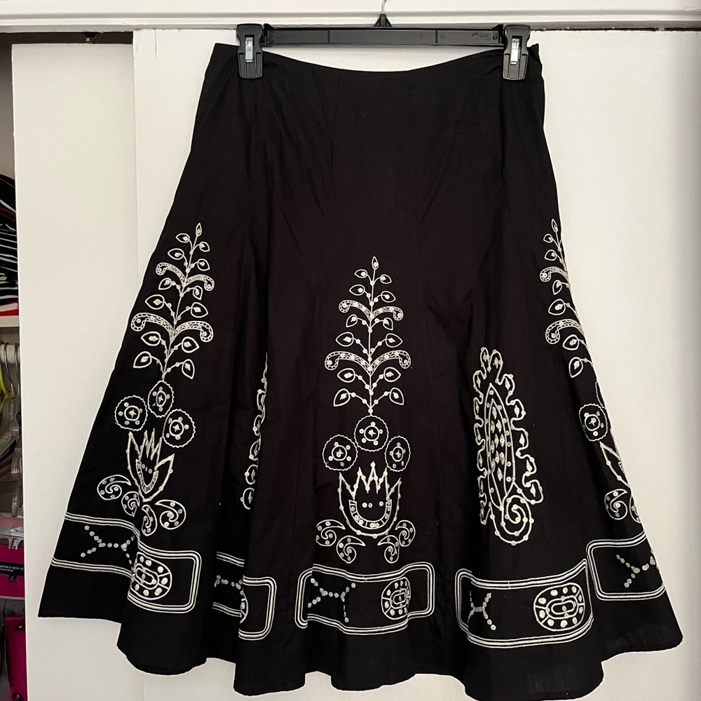 Sunny Leigh Black A-Line Skirt with White Embroidery